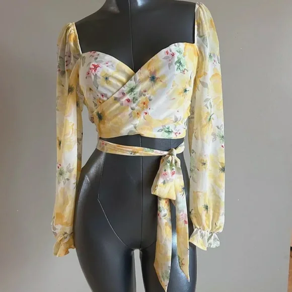Sheer Floral Bloom Chiffon Crop Top Y2K True Wrap Yellow Romantic Milkmaid - Picture 1 of 10
